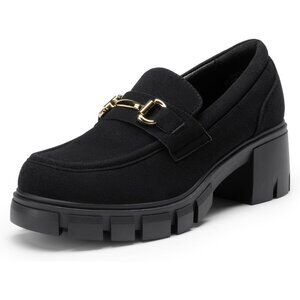 Dream Pairs Women Black Platform Chunky Heeled Slip On Loafers with Horsebit